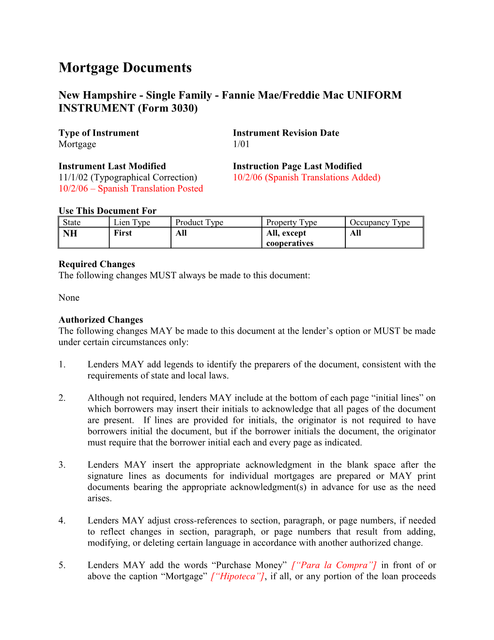 Instructions: New Hampshire Security Instrument (Form 3030)