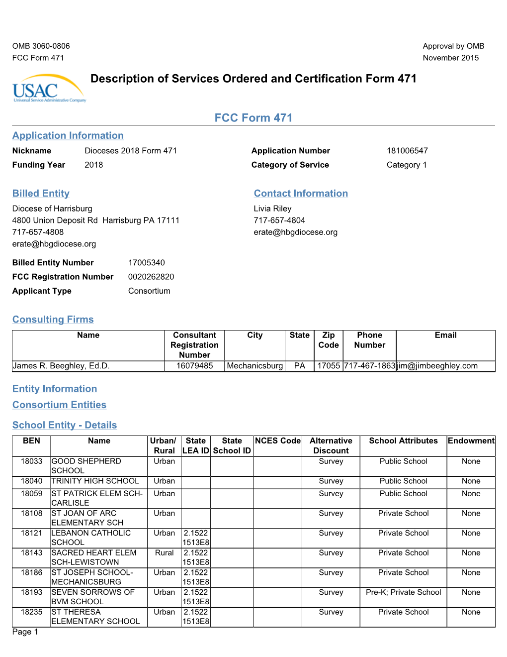 Description of Services Ordered and Certification Form 471 FCC Form