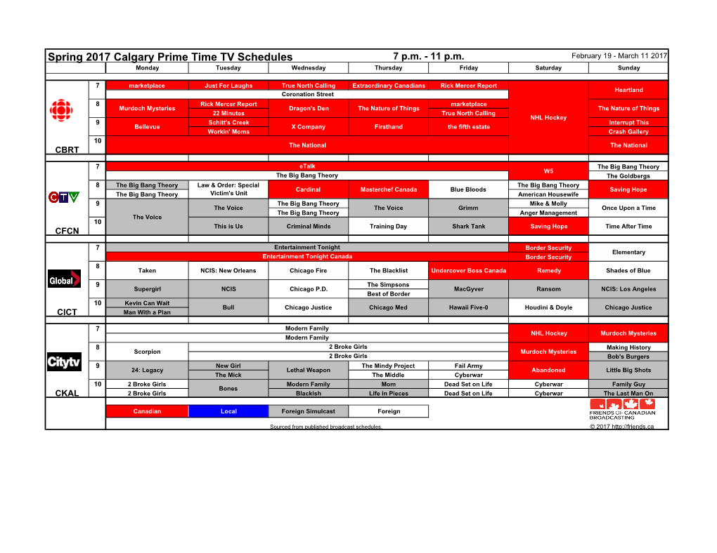 Spring 2017 Calgary Prime Time TV Schedules 7 P.M