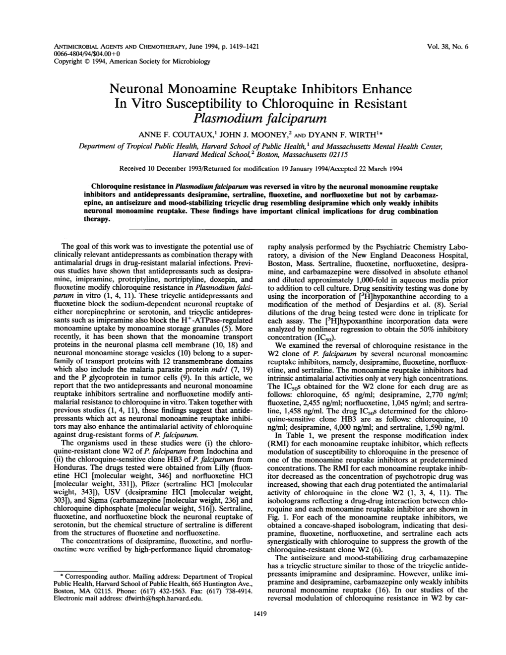 Neuronal Monoamine Reuptake Inhibitors Enhance in Vitrosusceptibility to Chloroquine in Resistant Plasmodium Falciparum