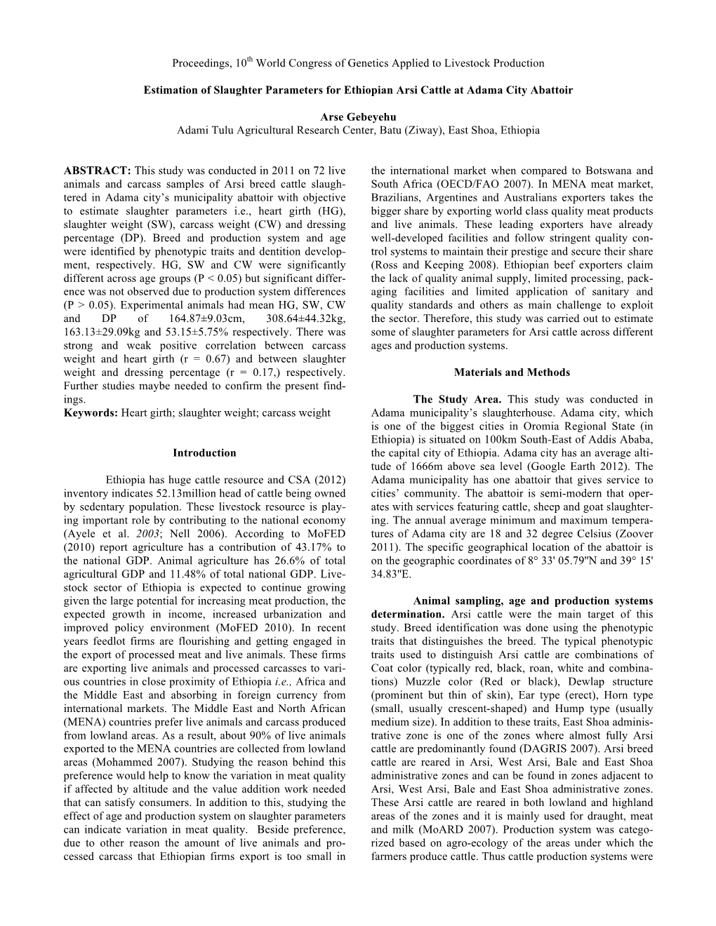 Proceedings, 10Th World Congress of Genetics Applied to Livestock Production Estimation of Slaughter Parameters for Ethiopian Ar