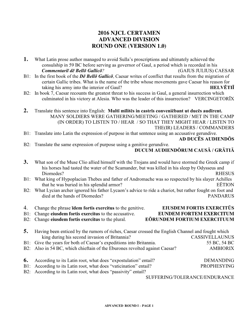 2016 Njcl Certamen Advanced Division Round One (Version 1.0)