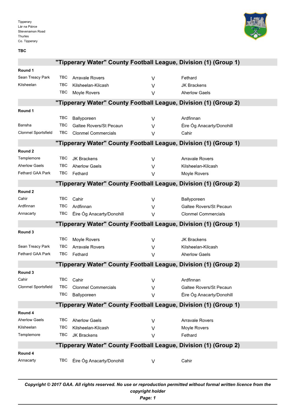 Tipperary Water County Football League Div 1 2017