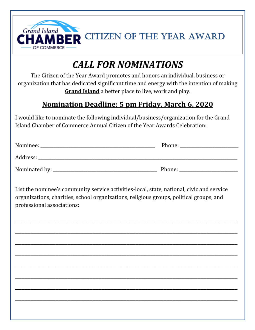 Nomination Deadline: 5 Pm Friday, March 6, 2020