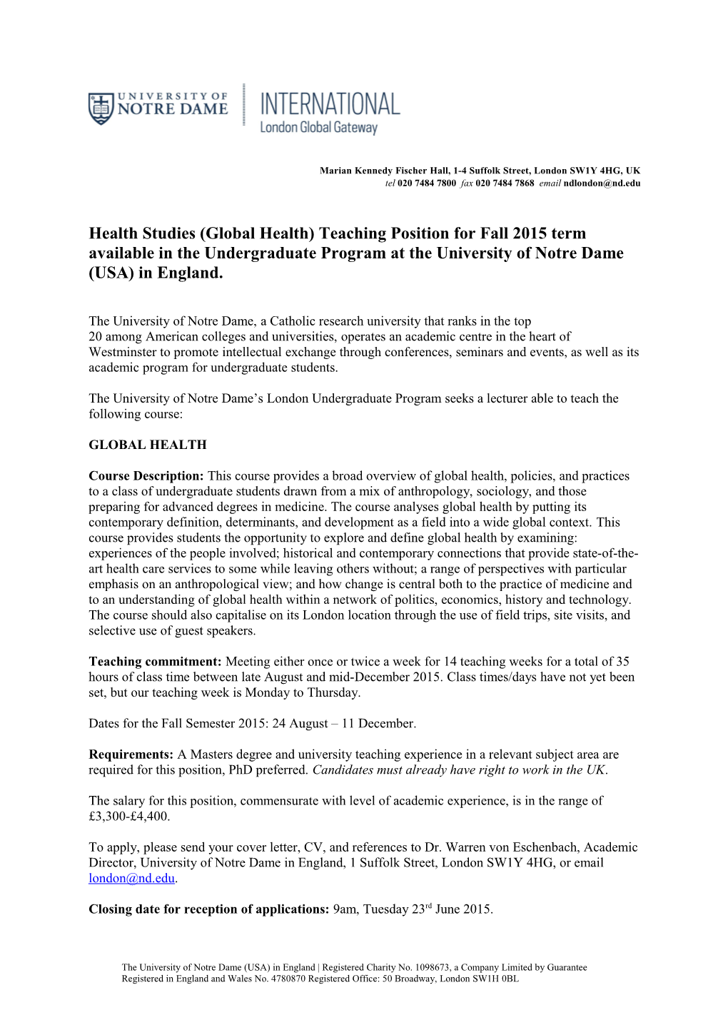 Health Studies (Global Health) Teaching Position for Fall 2015 Term Available in The