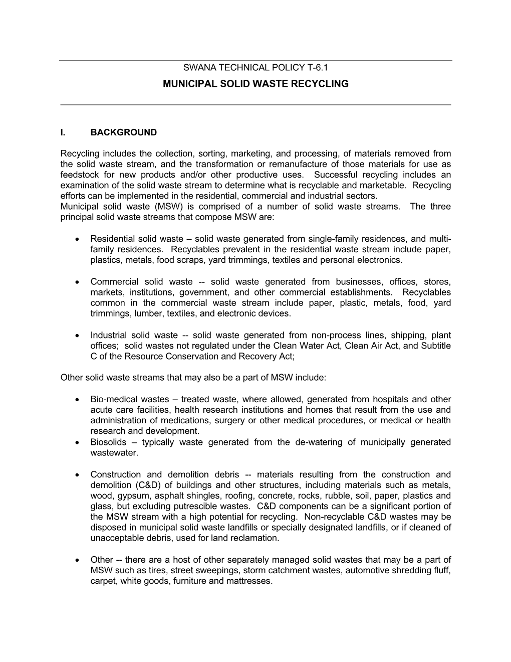 Swana Technical Policy T-6.1 Municipal Solid Waste Recycling