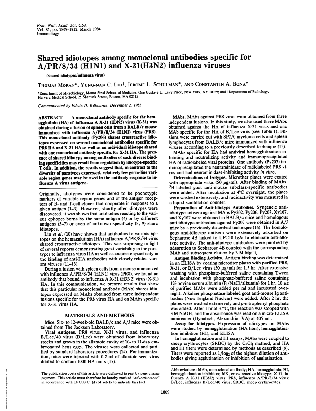 Shared Idiotopes Among Monoclonal Antibodies Specific for A/PR/8/34