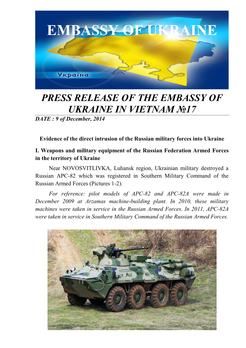 PRESS RELEASE of the EMBASSY of UKRAINE in VIETNAM №17 DATE : 9 of December, 2014