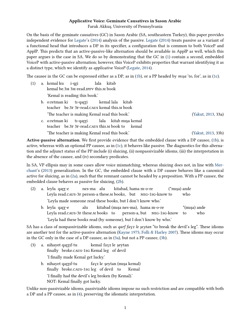 Applicative Voice: Geminate Causatives in Sason Arabic Faruk