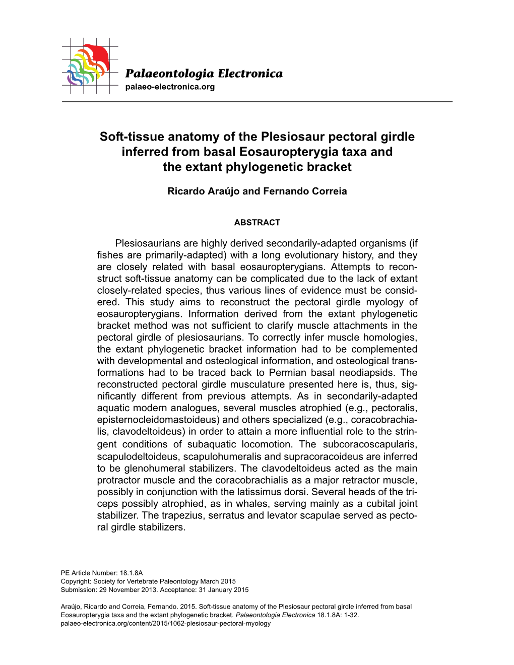 Soft-Tissue Anatomy of the Plesiosaur Pectoral Girdle Inferred from Basal Eosauropterygia Taxa and the Extant Phylogenetic Bracket