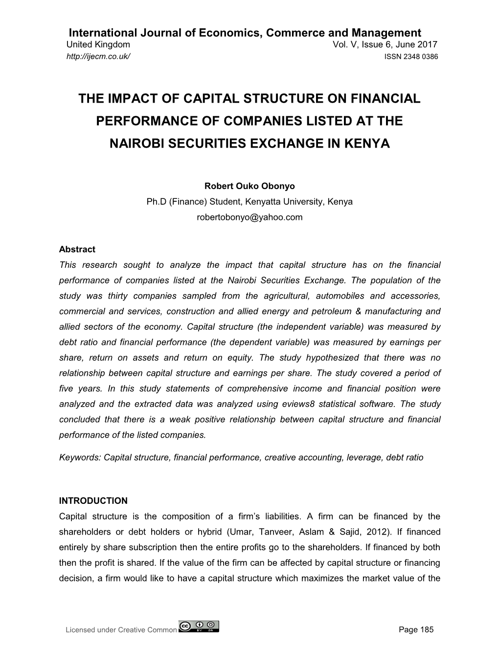 The Impact of Capital Structure on Financial Performance of Companies Listed at the Nairobi Securities Exchange in Kenya