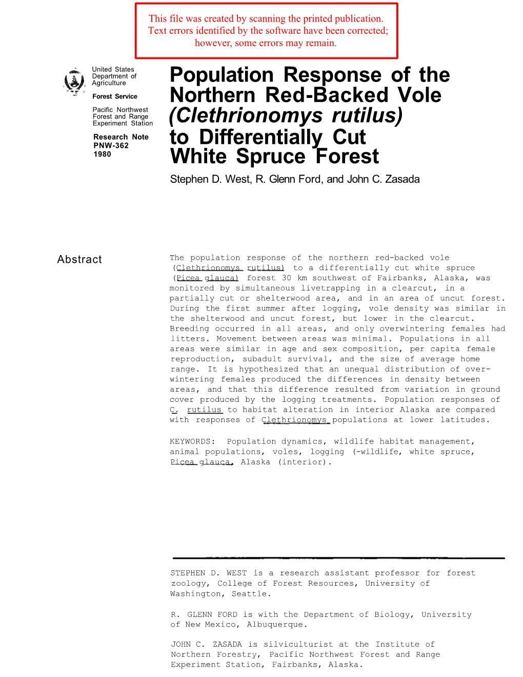 Population Response of the Northern Red-Backed