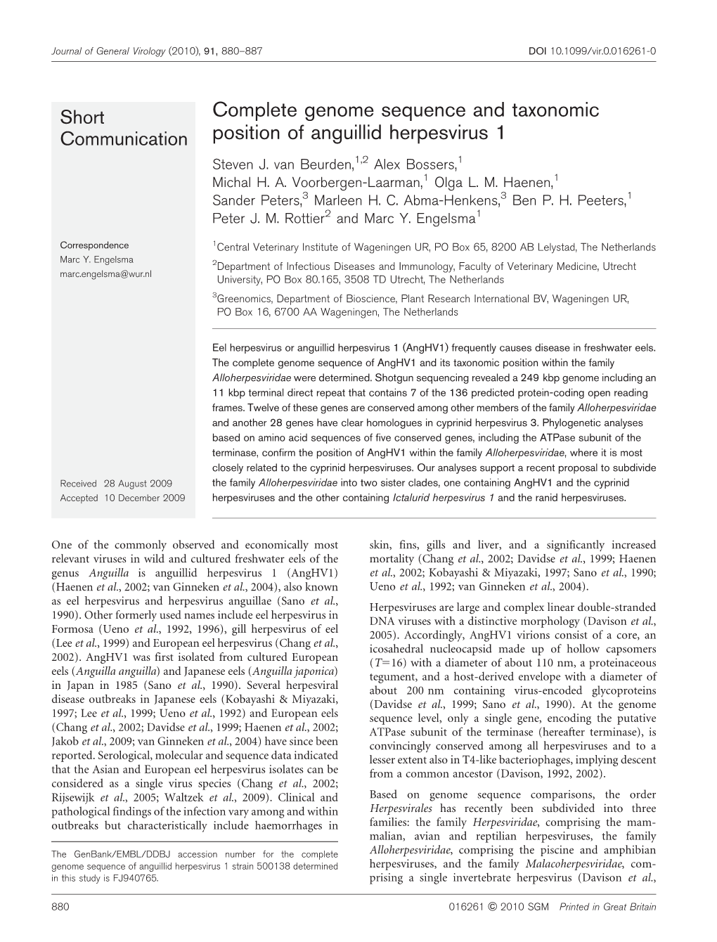 Complete Genome Sequence and Taxonomic Position of Anguillid