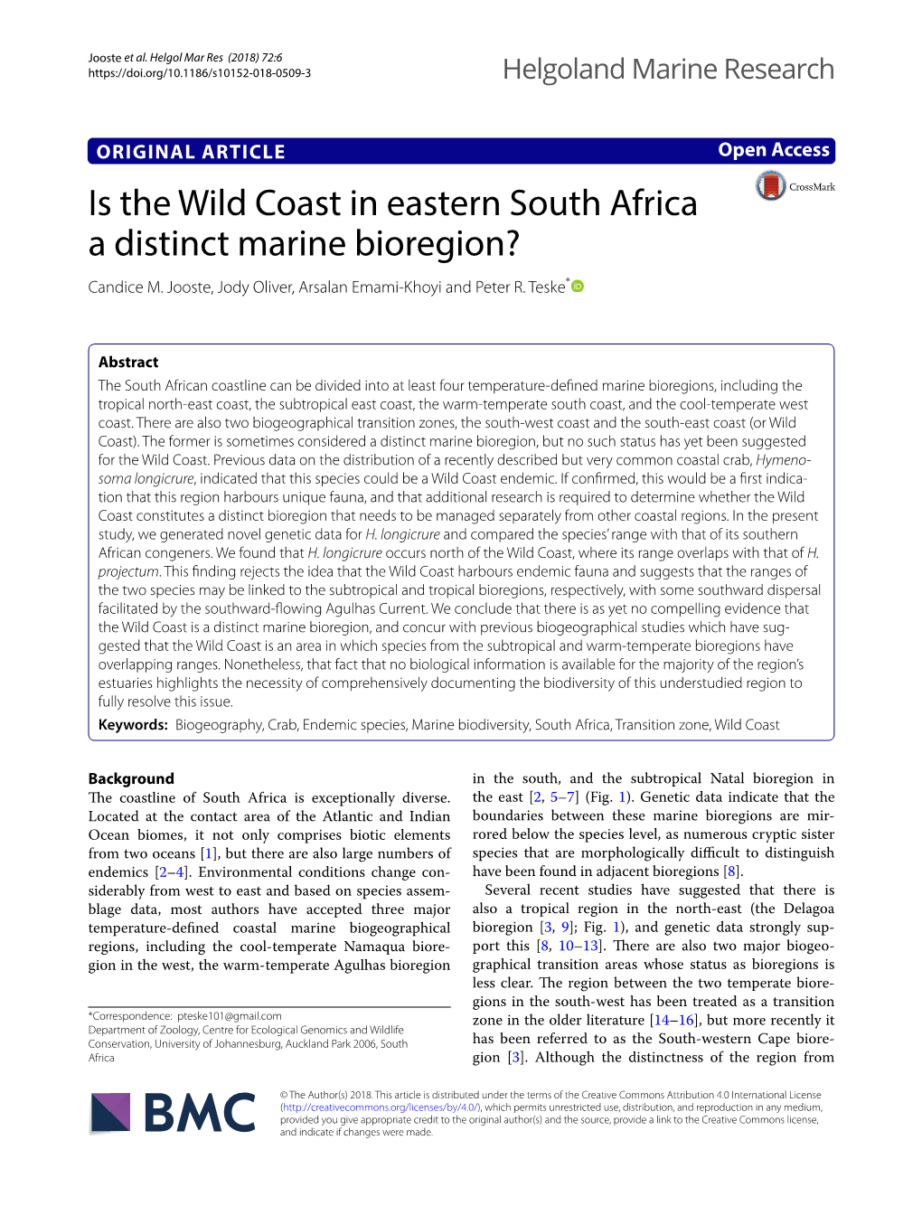 Is the Wild Coast in Eastern South Africa a Distinct Marine Bioregion? Candice M