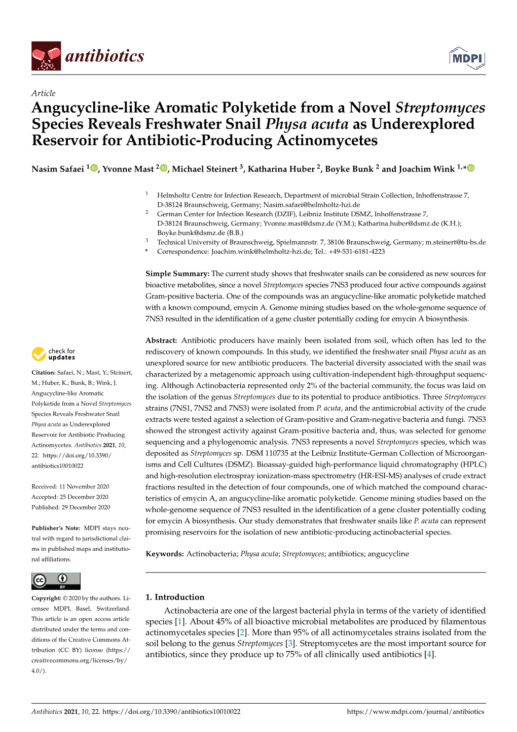 Angucycline-Like Aromatic Polyketide from a Novel Streptomyces Species Reveals Freshwater Snail Physa Acuta As Underexplored