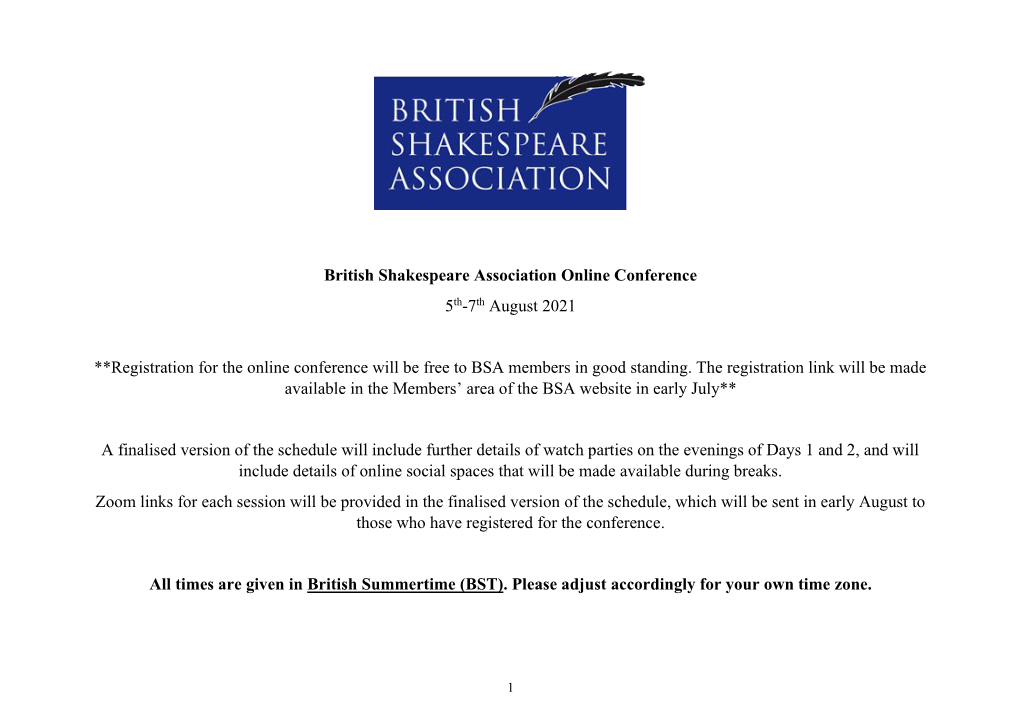 British Shakespeare Association Online Conference 5Th-7Th August 2021