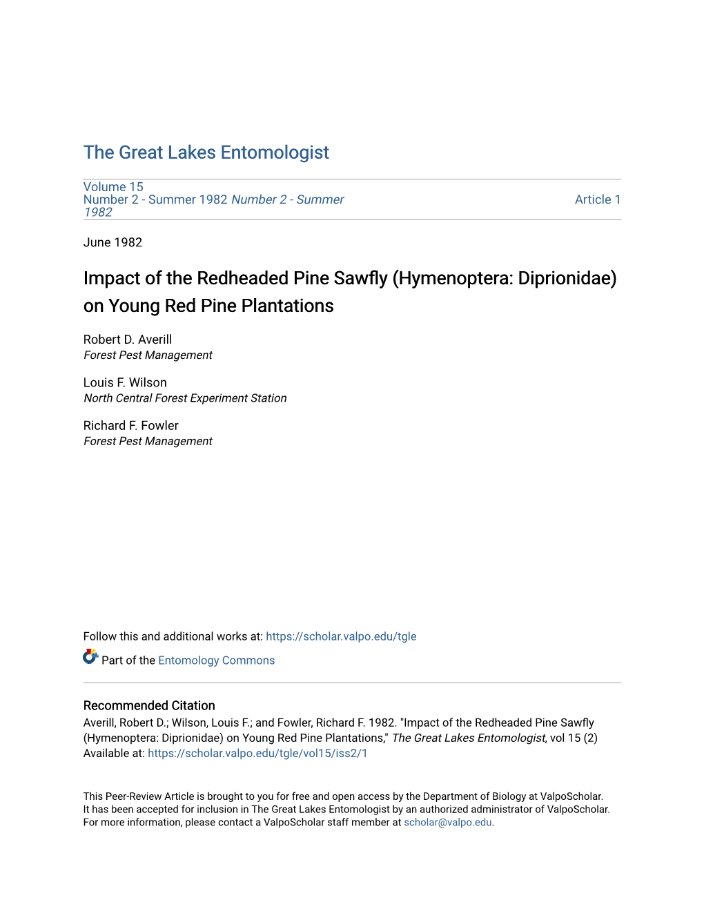 Impact of the Redheaded Pine Sawfly (Hymenoptera: Diprionidae) on Young Red Pine Plantations