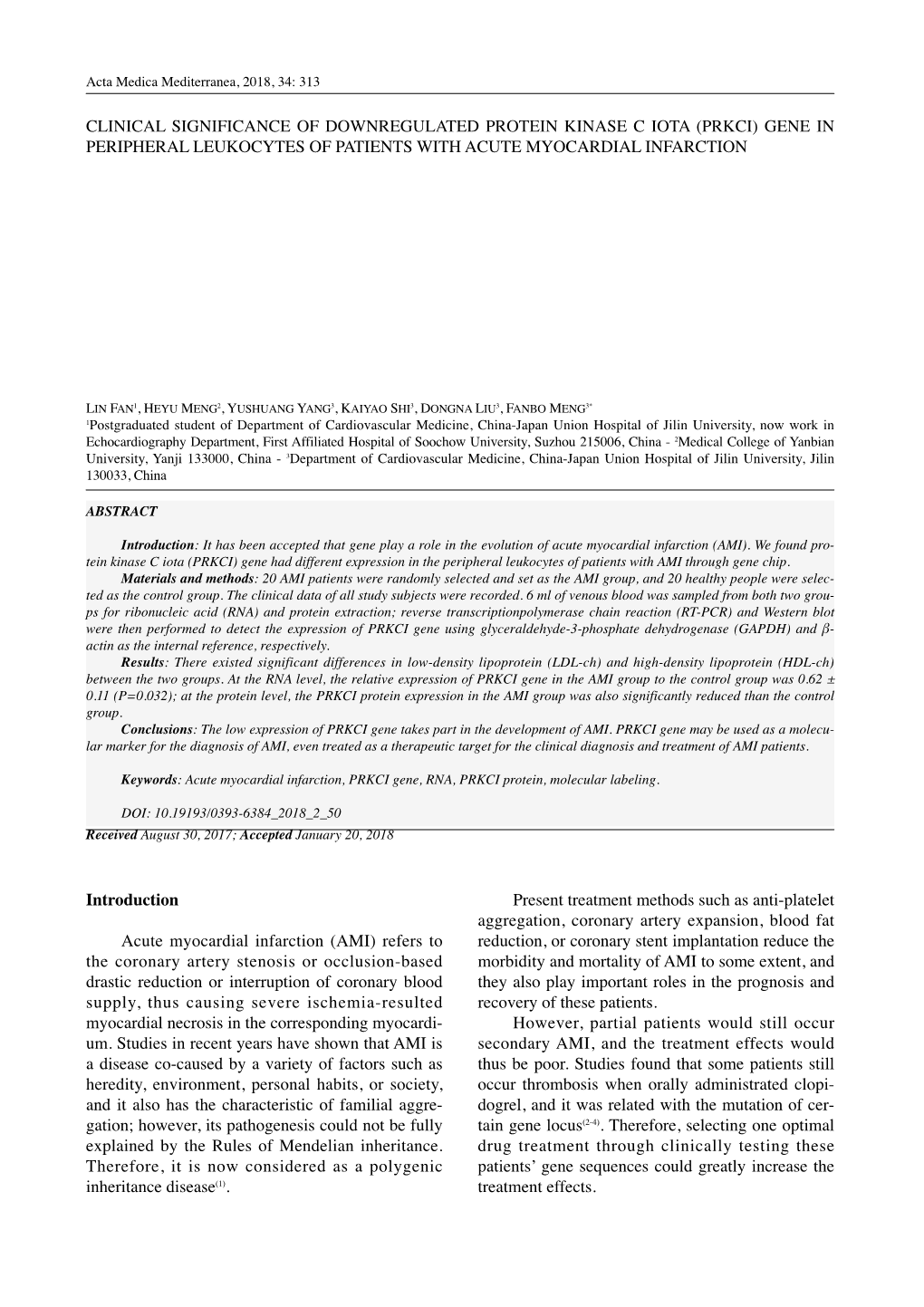 Clinical Significance of Downregulated Protein Kinase C Iota (Prkci) Gene in Peripheral Leukocytes of Patients with Acute Myocardial Infarction