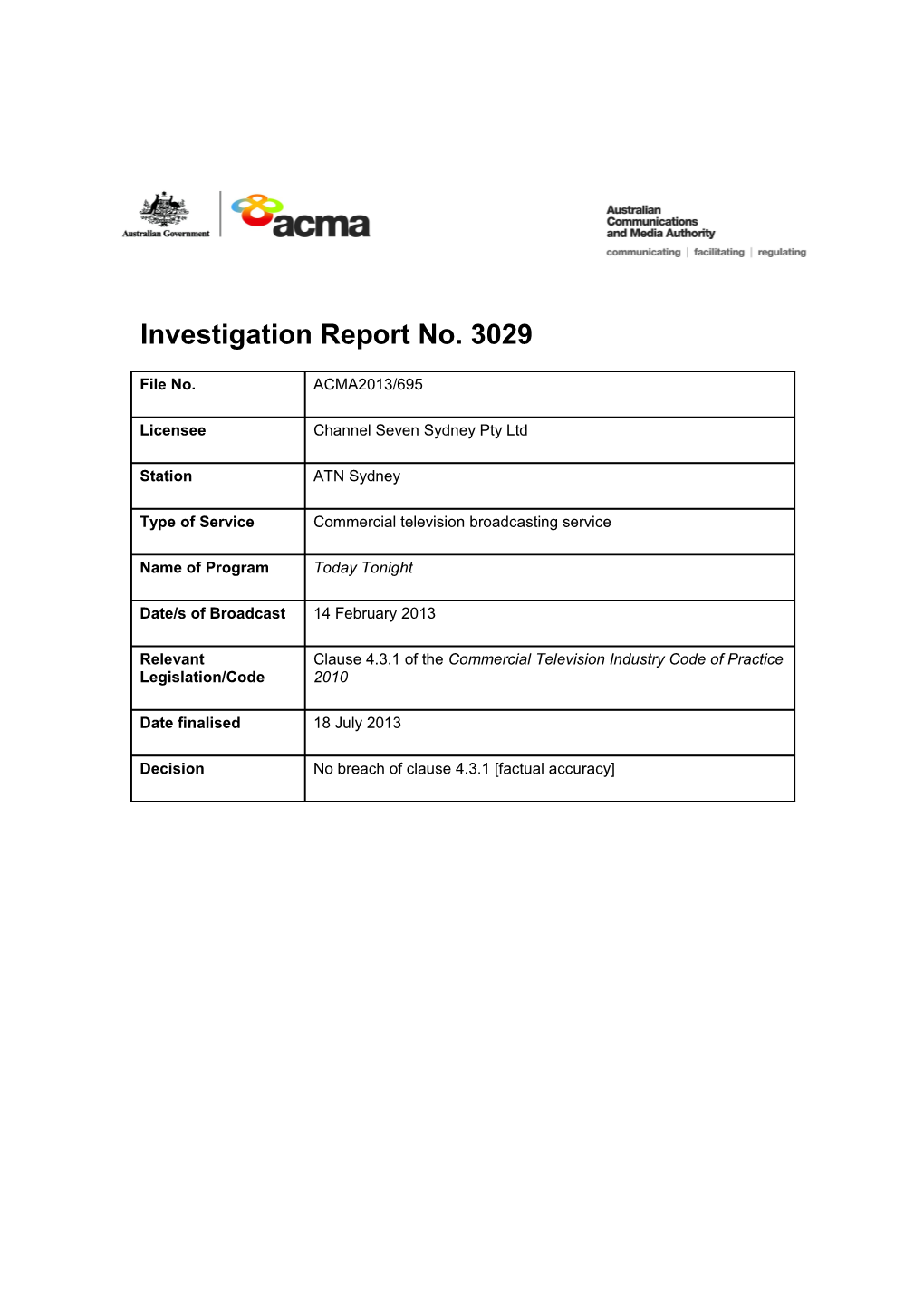 ATN Sydney - ACMA Investigation Report 3029