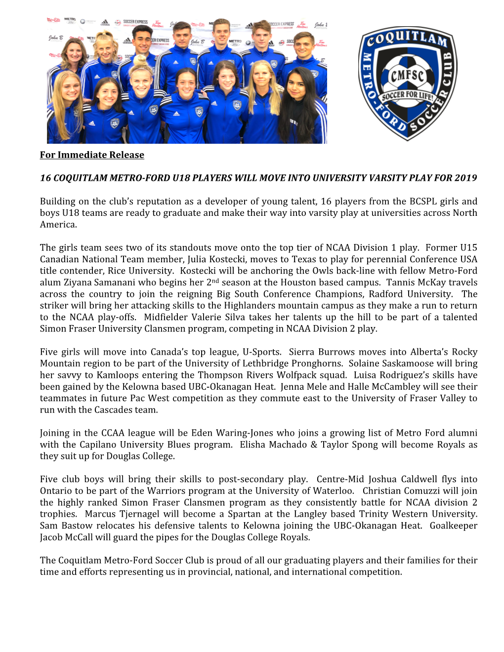 CMFSC-Class of 2019 Media Release