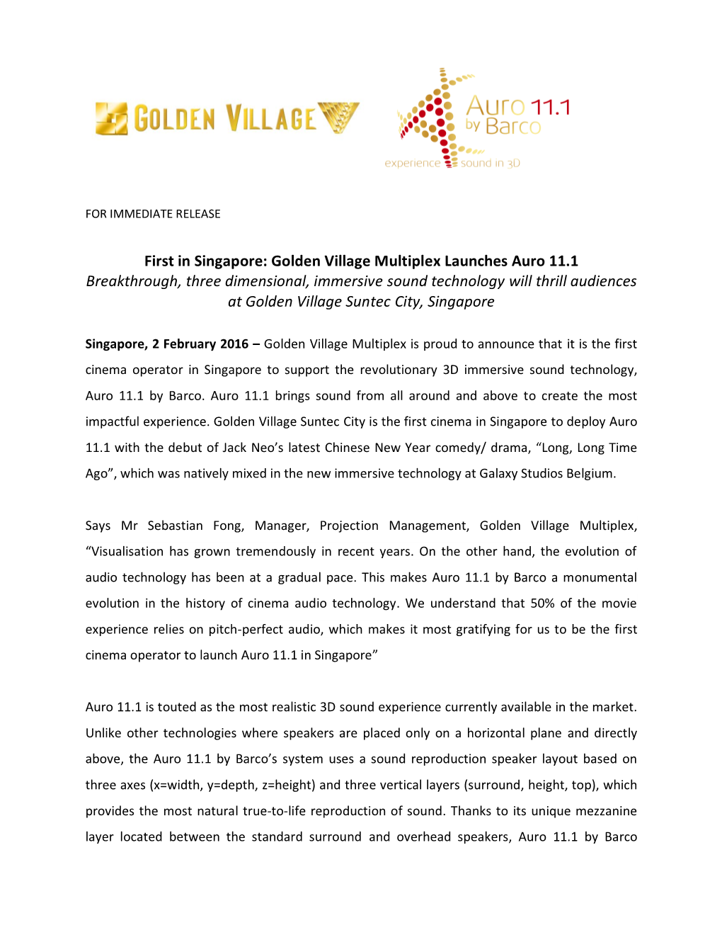 First in Singapore: Golden Village Multiplex Launches Auro 11.1