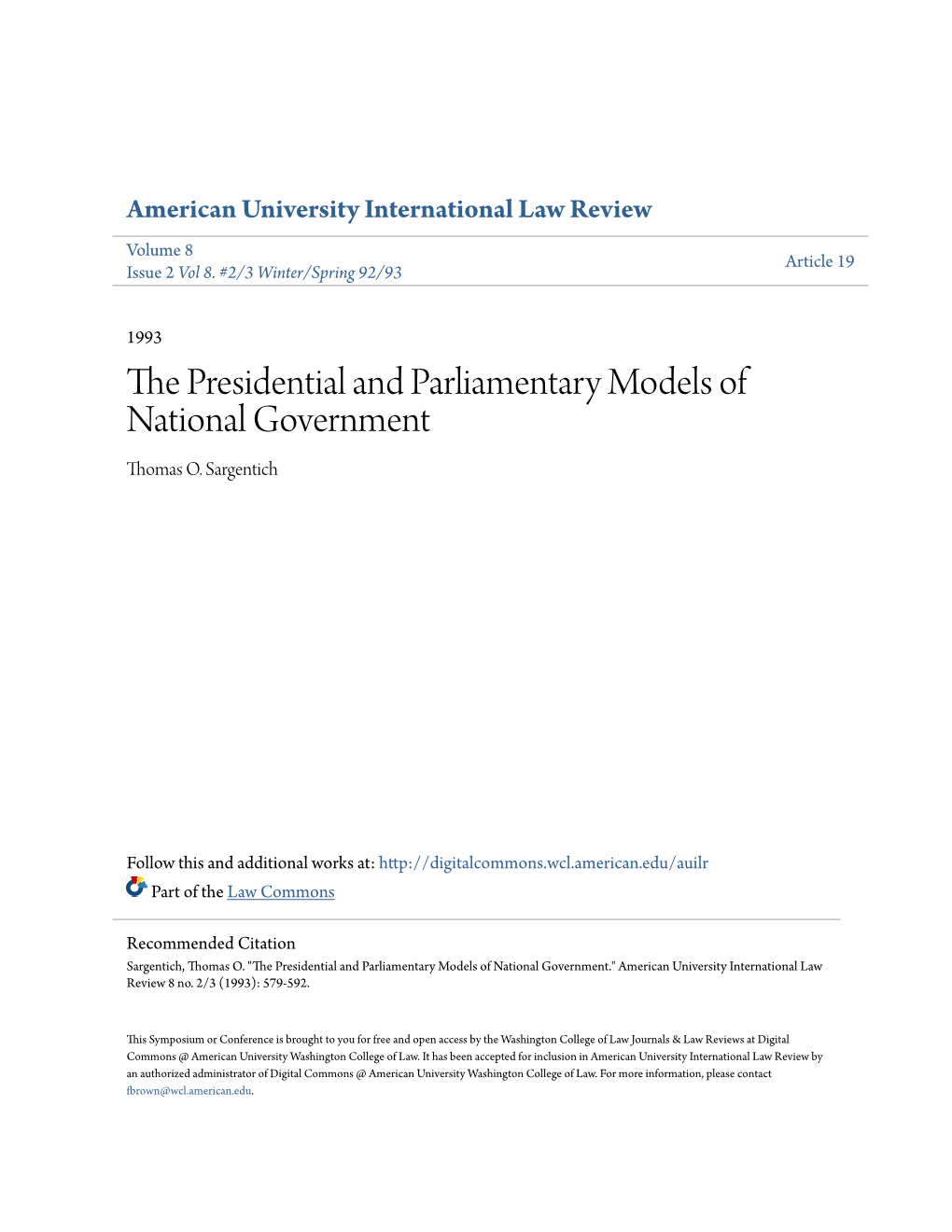 The Presidential and Parliamentary Models of National Government