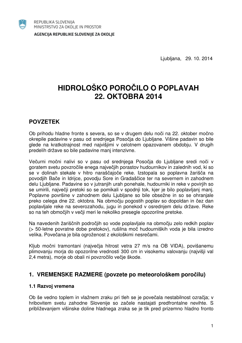 Hidrološko Poročilo O Poplavah 22. Oktobra 2014