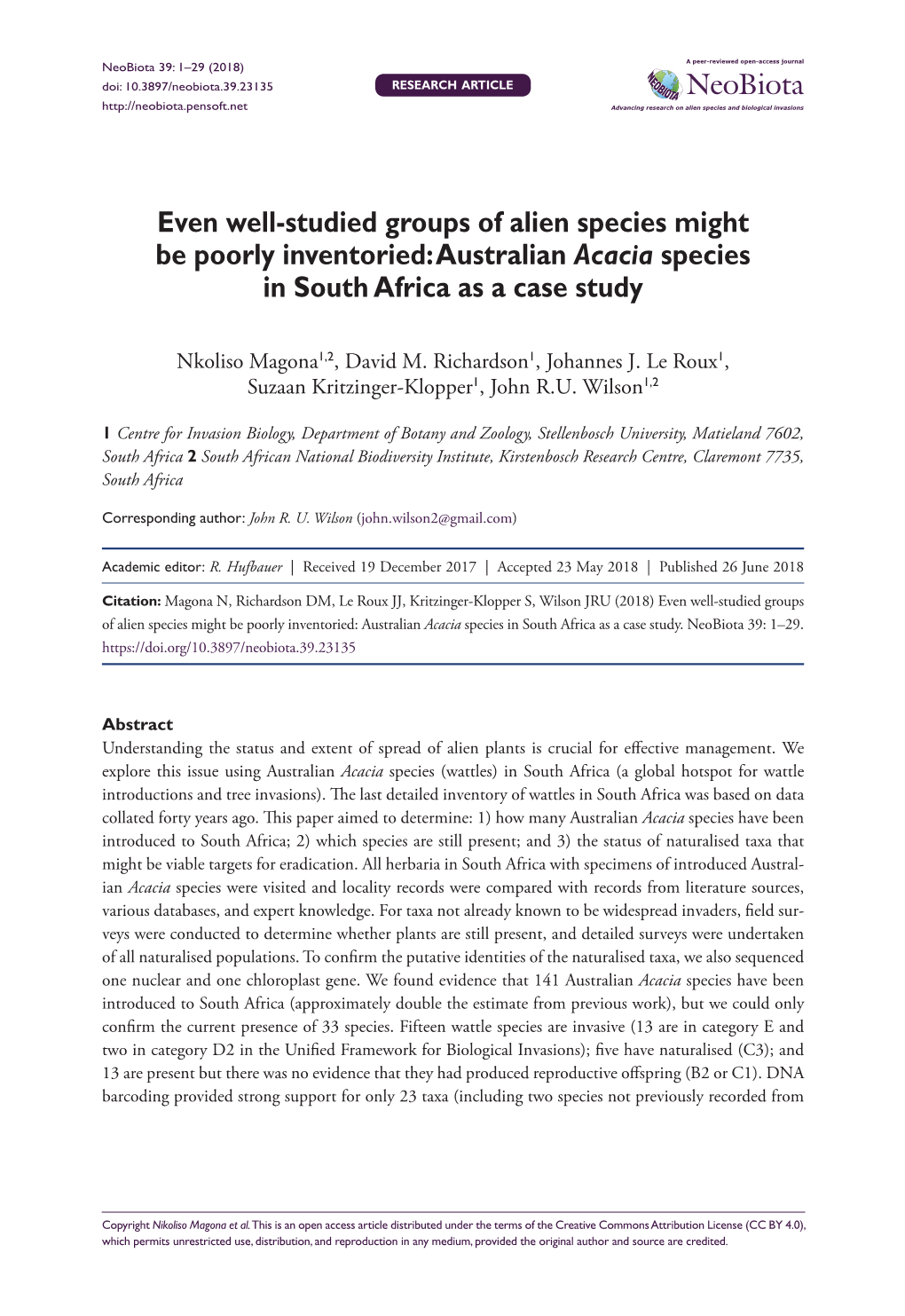 Australian Acacia Species in South Africa As a Case Study