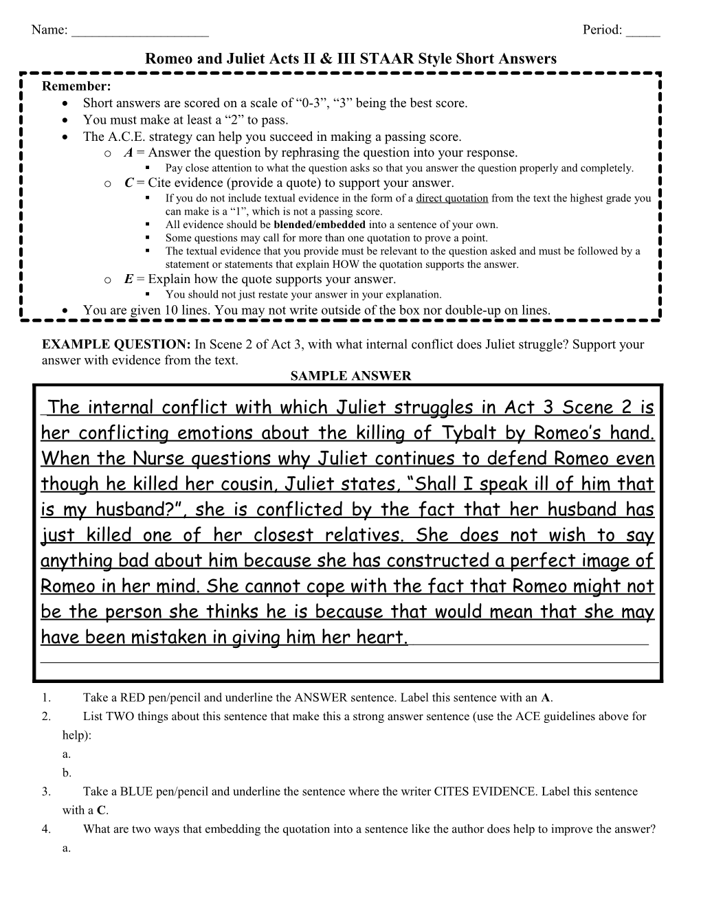 Romeo and Juliet Acts II and III STAAR Style Short Answers