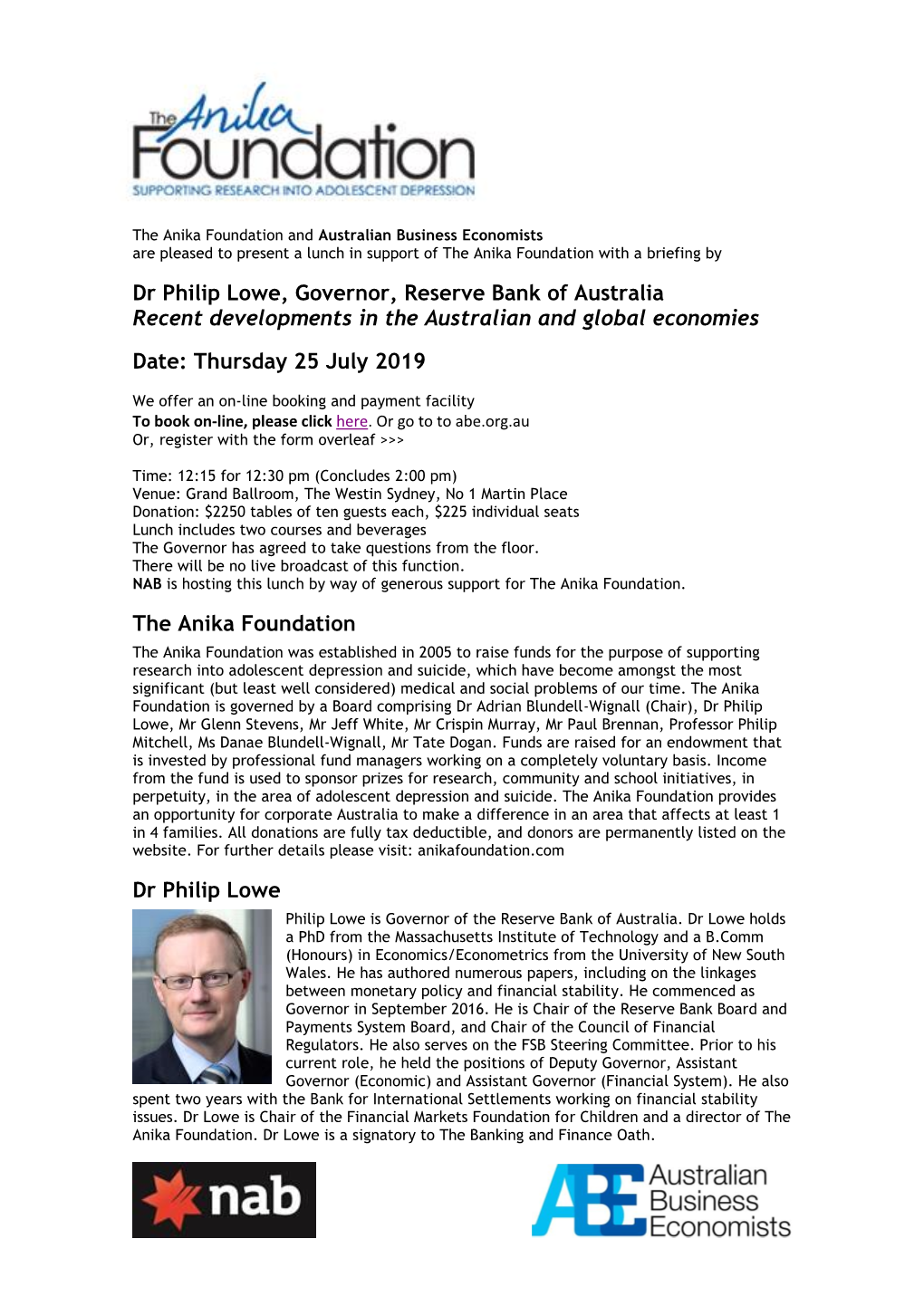 Australian Business Economists Are Pleased to Present a Lunch in Support of the Anika Foundation with a Briefing By