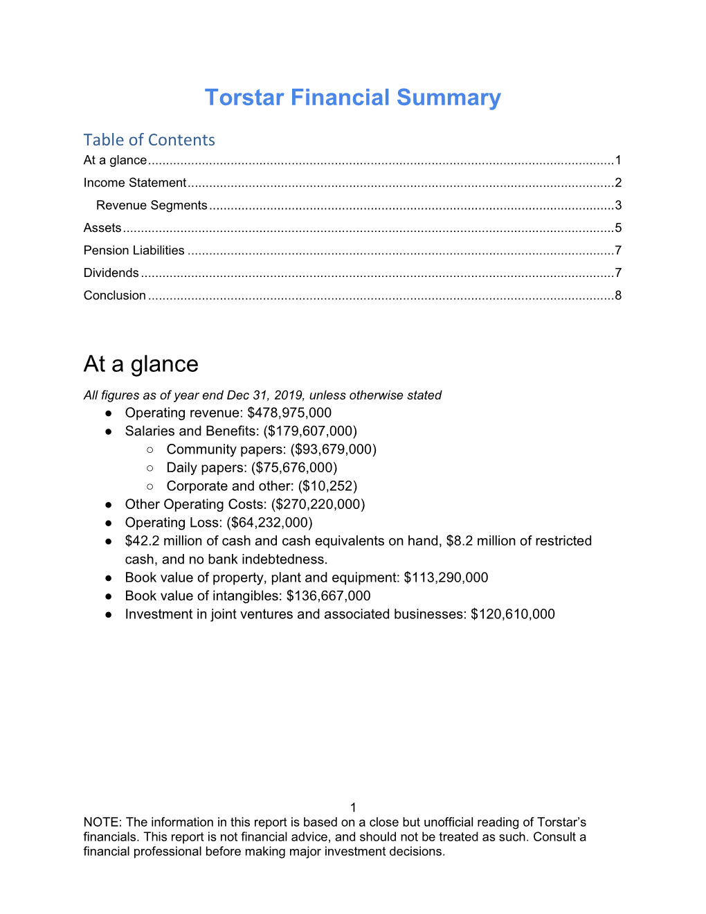 Torstar Financial Summary at a Glance