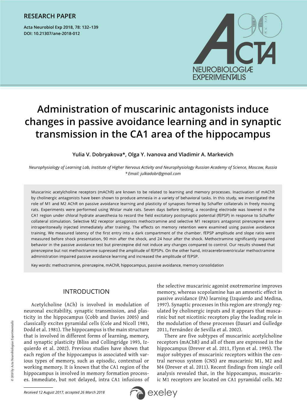 Administration of Muscarinic Antagonists Induce Changes In