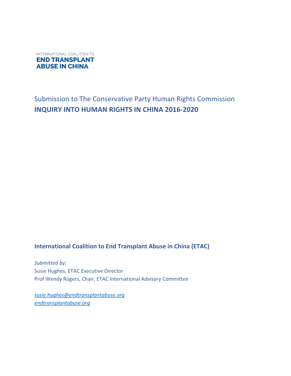 Submission to the Conservative Party Human Rights Commission INQUIRY INTO HUMAN RIGHTS in CHINA 2016-2020