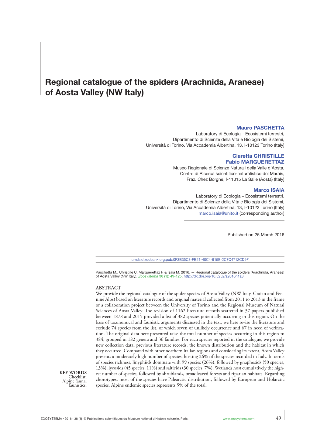 Regional Catalogue of the Spiders (Arachnida, Araneae) of Aosta Valley (NW Italy)