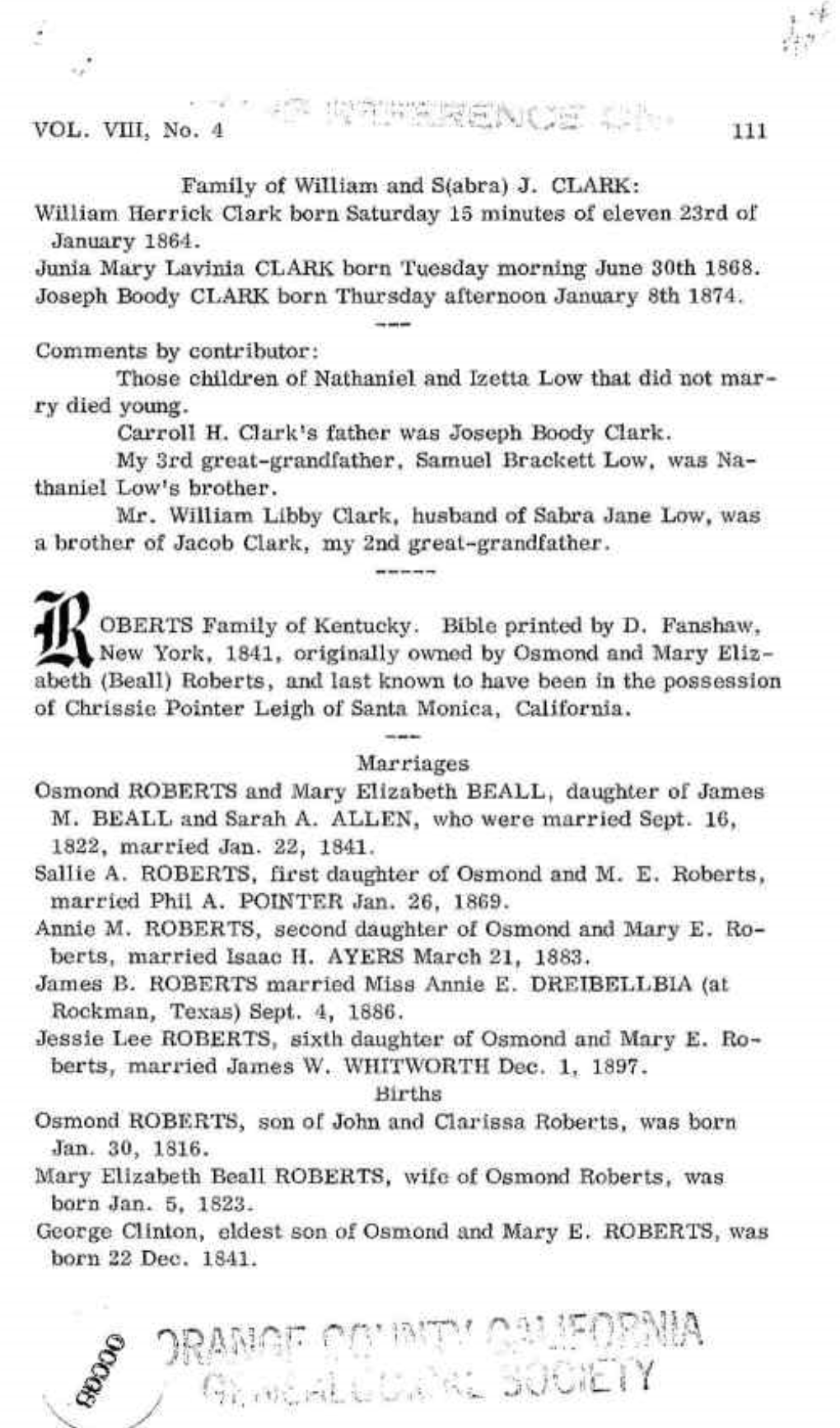 VOL. VIII, No. 4 Family of William and S(Abra)