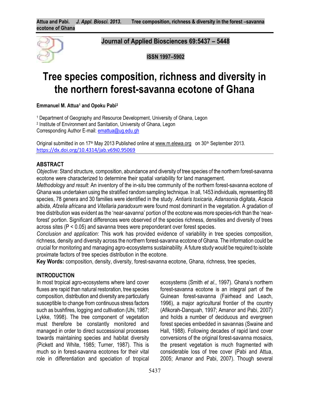 Tree Species Composition, Richness and Diversity in the Northern Forest-Savanna Ecotone of Ghana