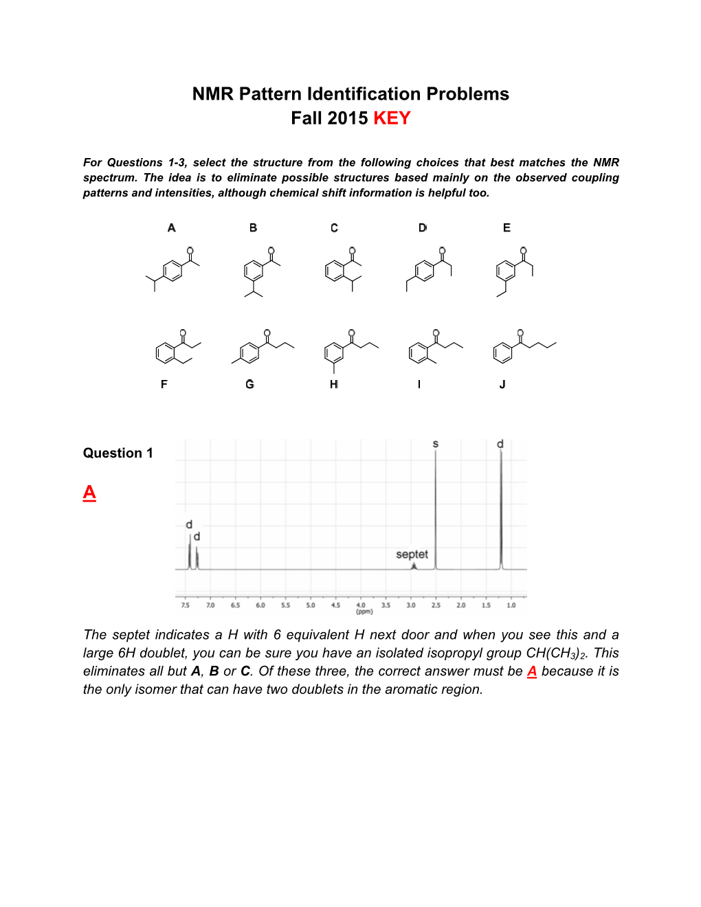 NMR Pattern Identification Problems Fall 2015 KEY A