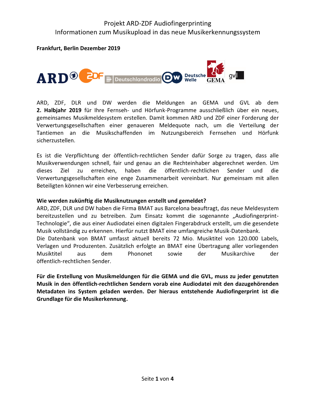 Projekt ARD-ZDF Audiofingerprinting Informationen Zum Musikupload in Das Neue Musikerkennungssystem