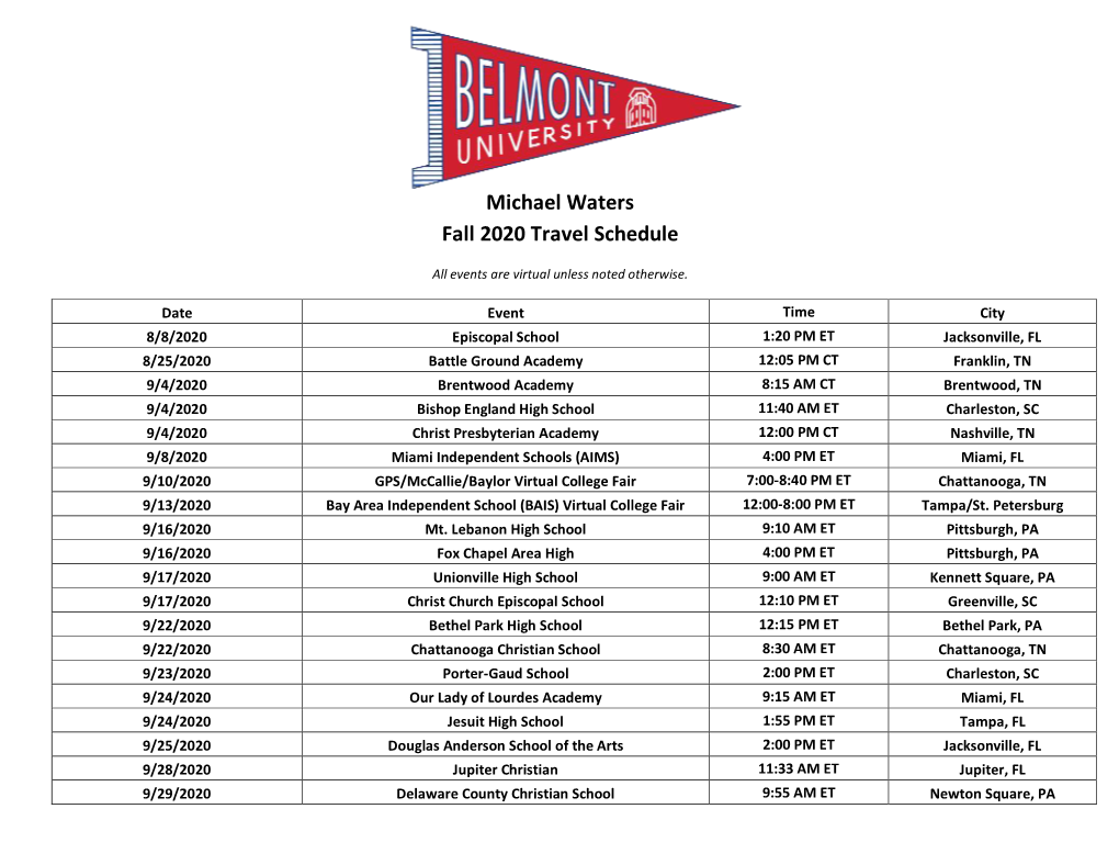 Michael Waters Fall 2020 Travel Schedule