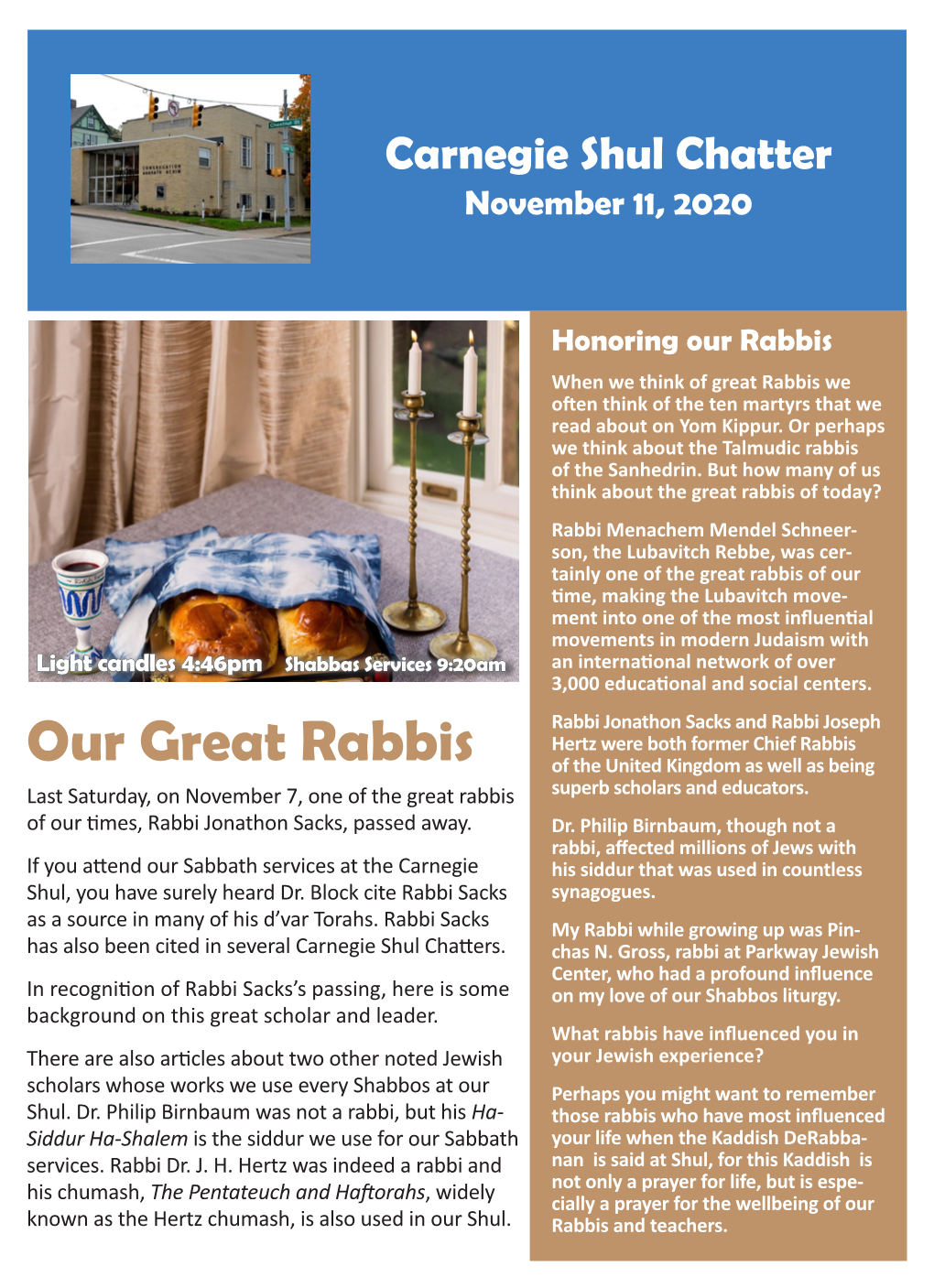 Carnegie Shul Chatter November 11, 2020 Our Great Rabbis