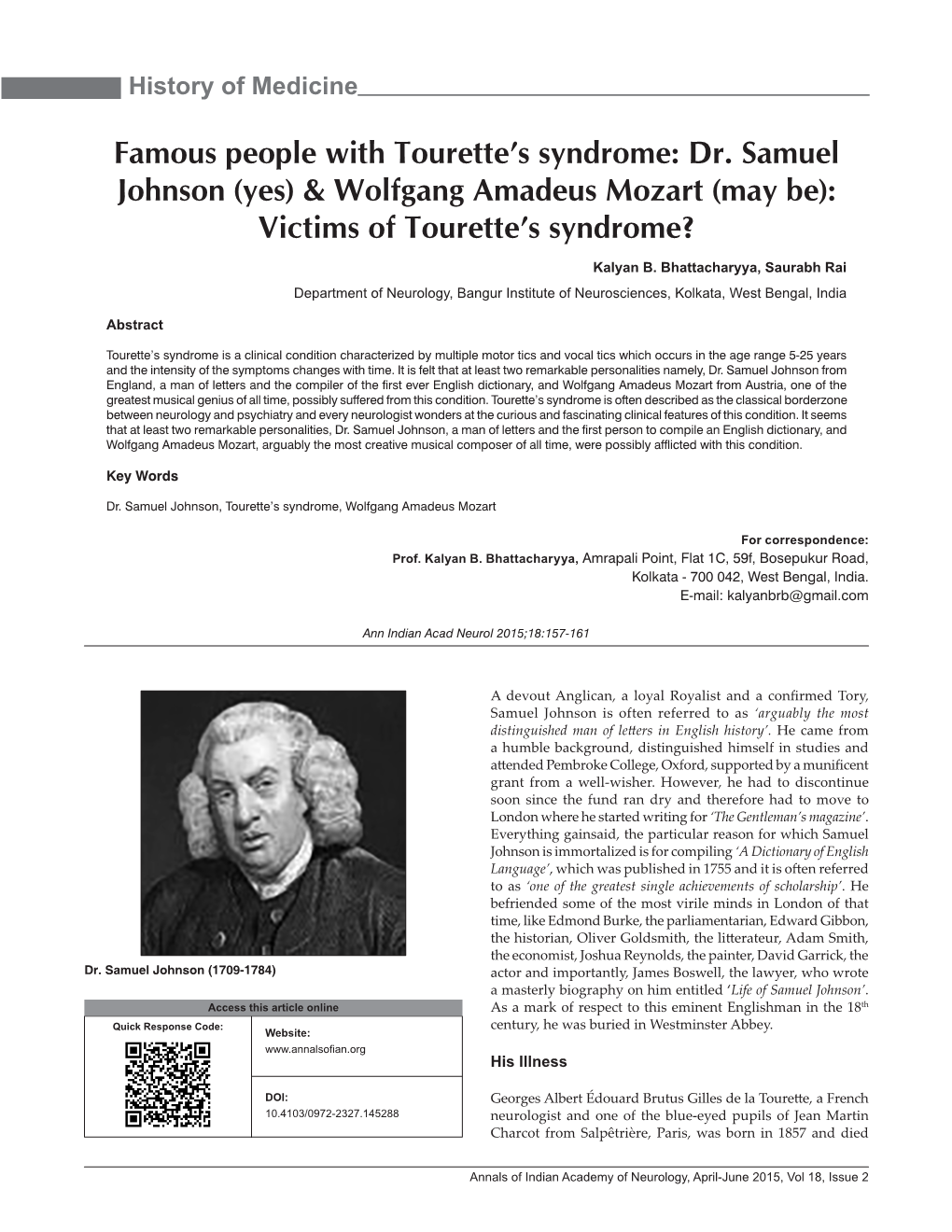 Dr. Samuel Johnson (Yes) & Wolfgang Amadeus Mozart (May Be): Victims of Tourette’S Syndrome?