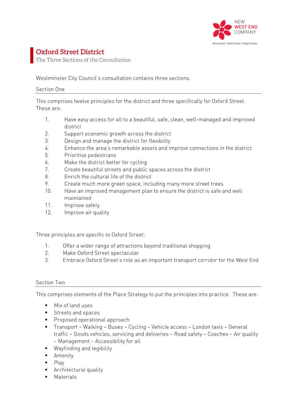 Oxford Street District the Three Sections of the Consultation