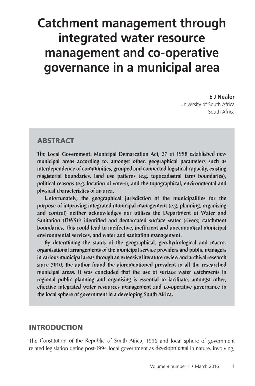 Catchment Management Through Integrated Water Resource Management and Co-Operative Governance in a Municipal Area