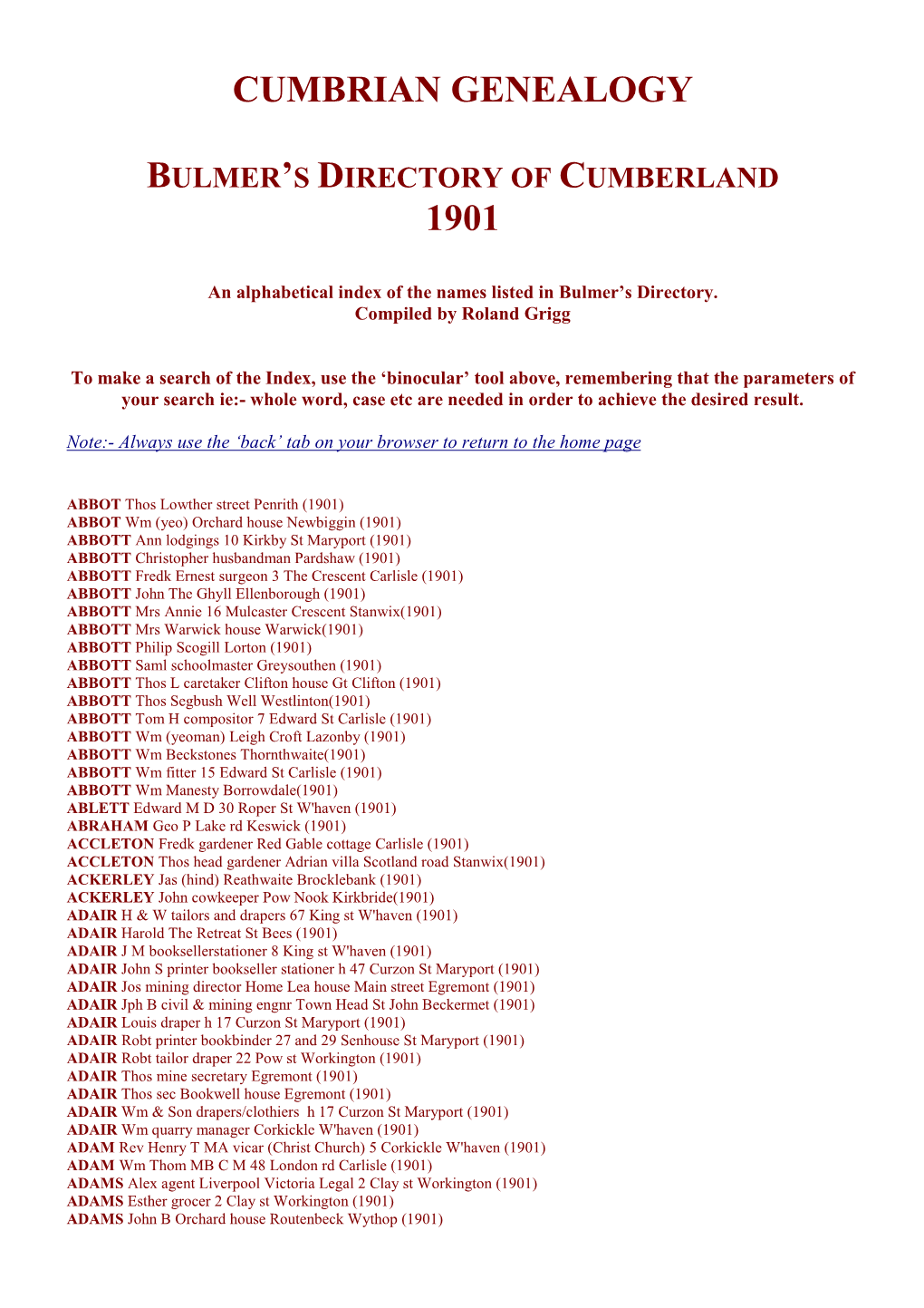 Cumbrian Genealogy 1901