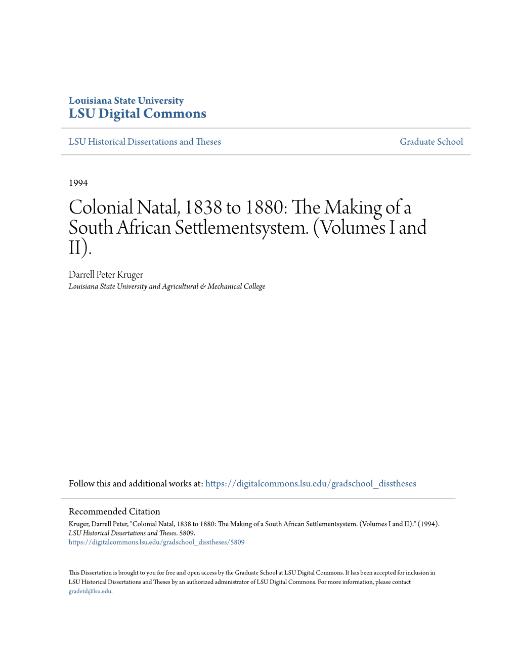 Colonial Natal, 1838 to 1880: the Making of a South African Settlementsystem