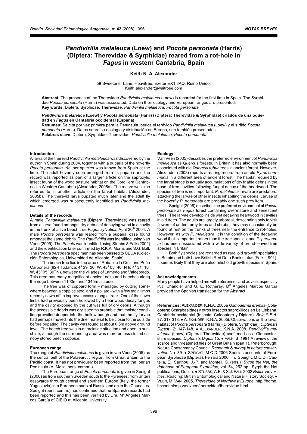 Pandivirilia Melaleuca (Loew) and Pocota Personata (Harris) (Diptera: Therevidae & Syrphidae) Reared from a Rot-Hole in Fagus in Western Cantabria, Spain