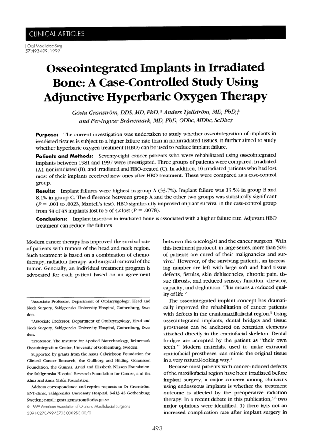 Osseointegrated Implants in Irradiated Bone: a Case-Controlled Study Using Adjunctive Hyperbaric Oxygen Therapy