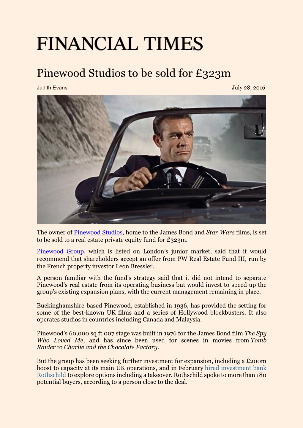 Pinewood Studios to Be Sold for £323M 280716