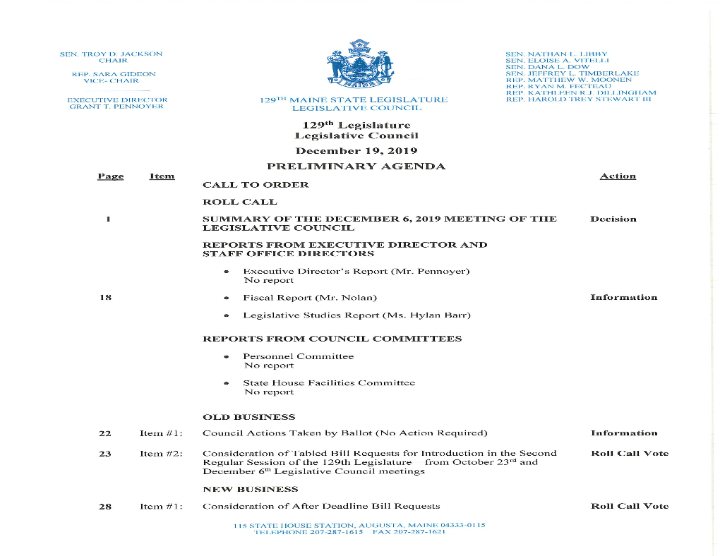 Preliminary Agenda for the Legislative Council