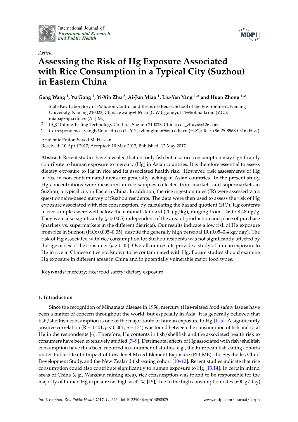 Assessing the Risk of Hg Exposure Associated with Rice Consumption in a Typical City (Suzhou) in Eastern China